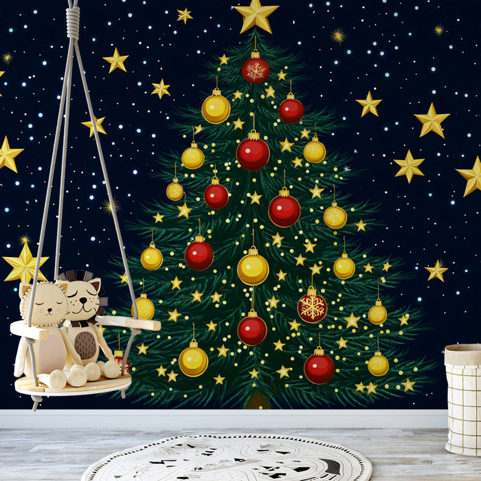 Classic Starry Night Tree Mural Wallpaper | Blue, Green, Red, and Yellow