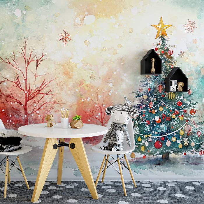 Vibrant Holiday Watercolor Mural Wallpaper | Red, Blue, and Yellow