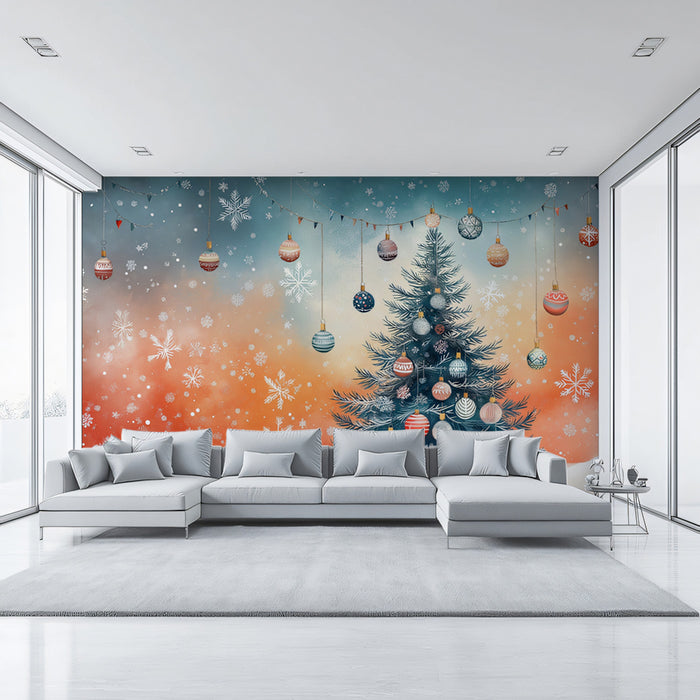 Winter Sunset Celebration Mural Wallpaper | Russet, Teal, and Snowy White