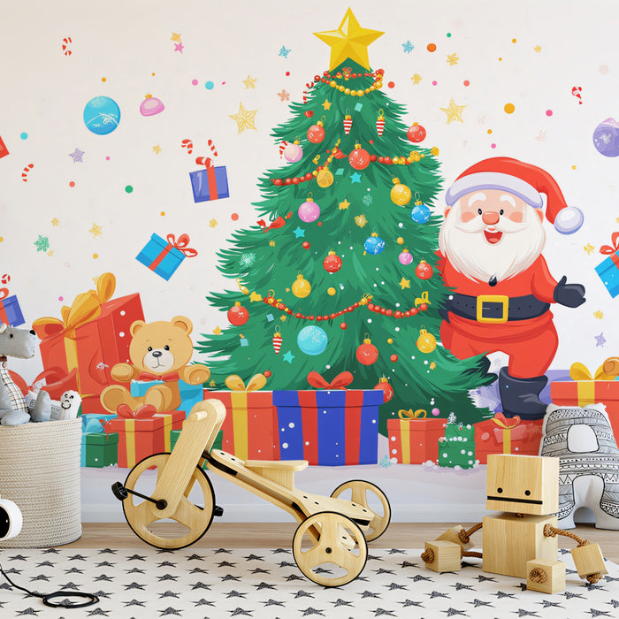 Fröhliche Weihnachtsmann-Feier Wandmalerei Tapete | Rot, Blau, Grün und Gelb