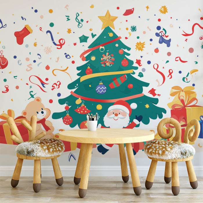 Christmas Confetti Party Mural Wallpaper | Red, Green, Blue, and Yellow