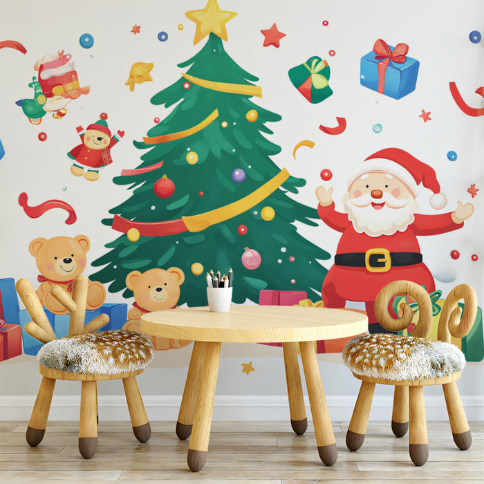 Classic Santa & Friends Mural Wallpaper | Red, Blue, Green, and Yellow