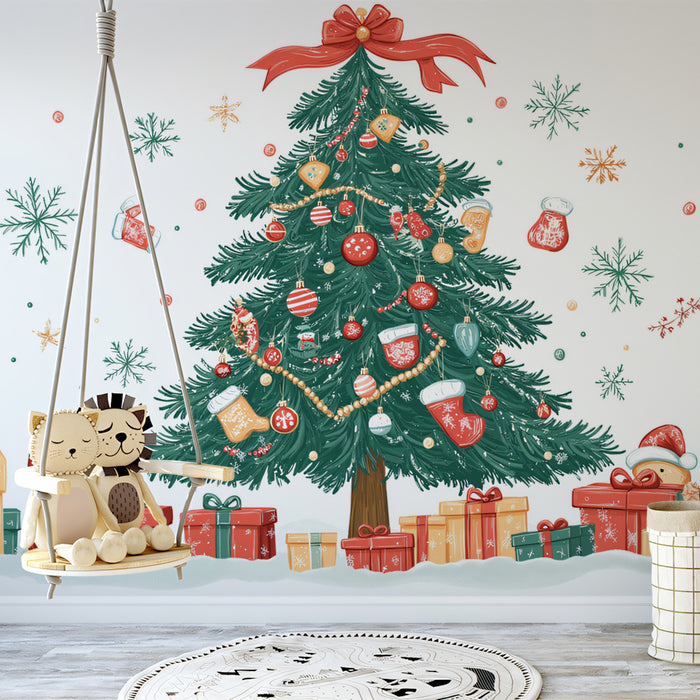 Teddy Bear's Christmas Tree Mural Wallpaper | Red, Green, and Gold