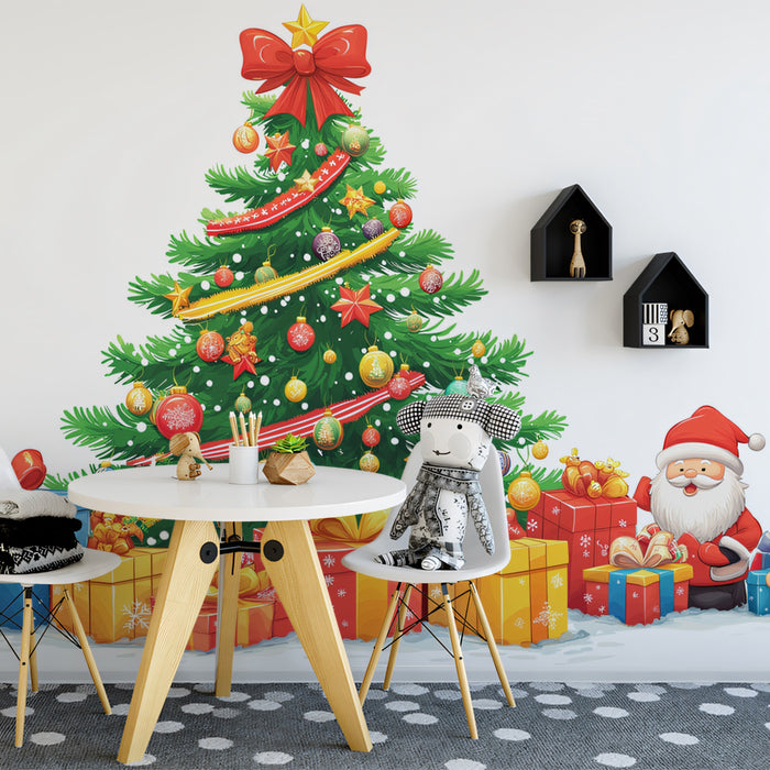 Papier peint mural de la pile de cadeaux du Père Noël | Rouge, Or, Vert et Bleu