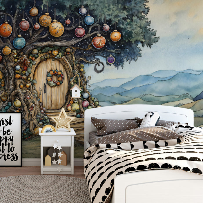 The Ornament Treehouse Mural Wallpaper | Green, Blue, Orange, and Brown