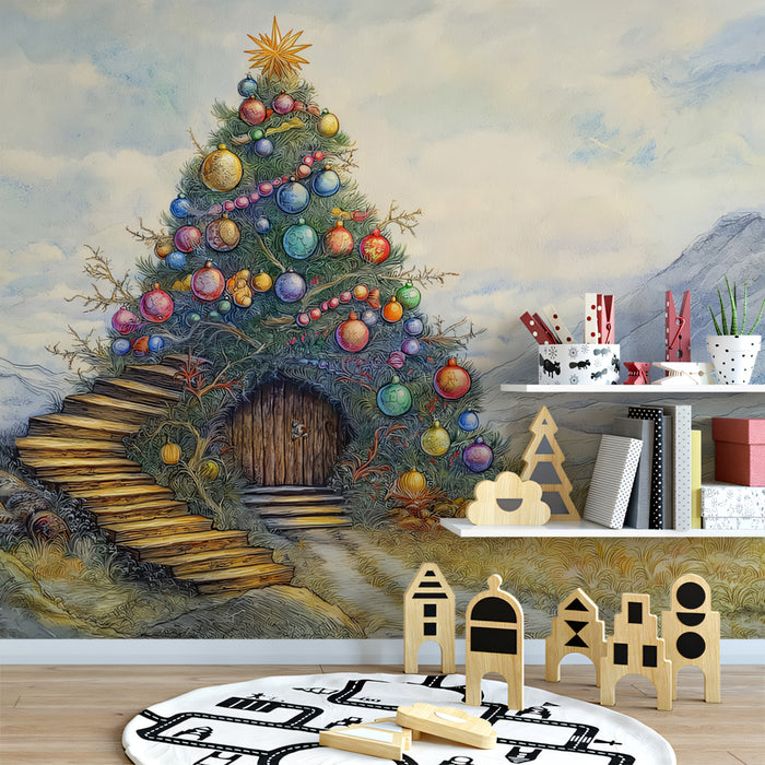 The Holiday Hill Home Mural Wallpaper | Green, Blue, Gold, and Red