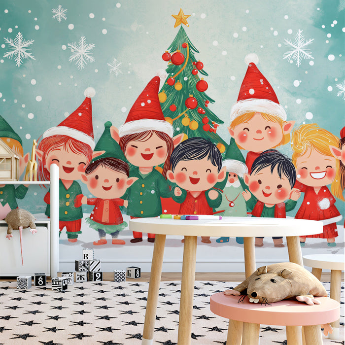 Christmas Elves Gathering Mural Wallpaper | Red, Green, and Teal