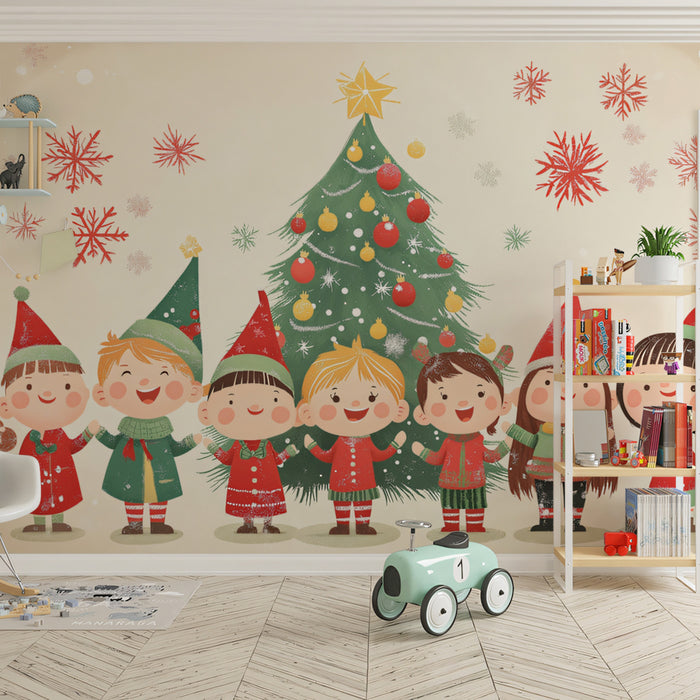 Carta da parati murale "Amici delle feste" | Rosso, verde e beige