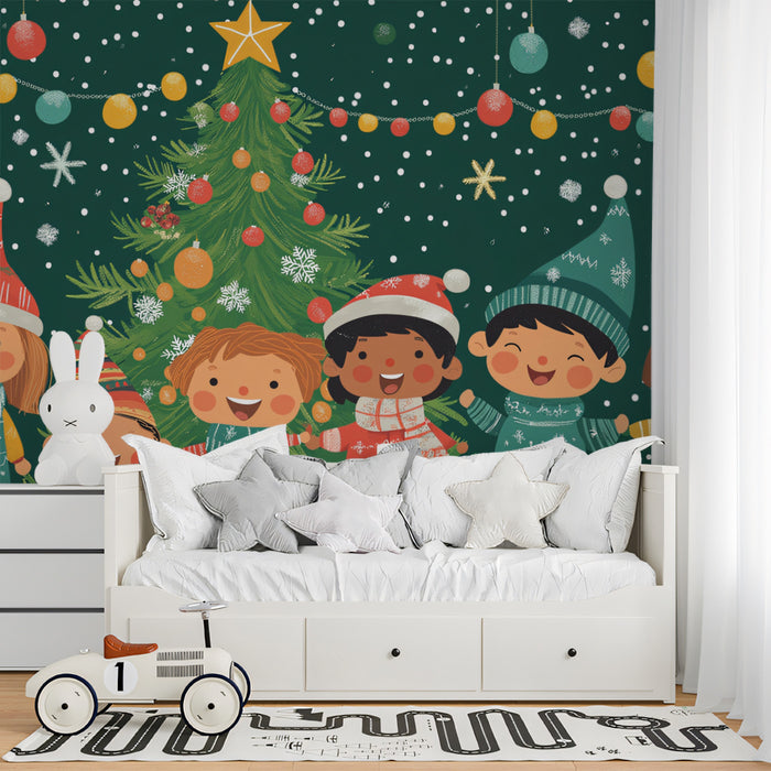 Mural infantil de invierno para niños | Verde, rojo y verde azulado