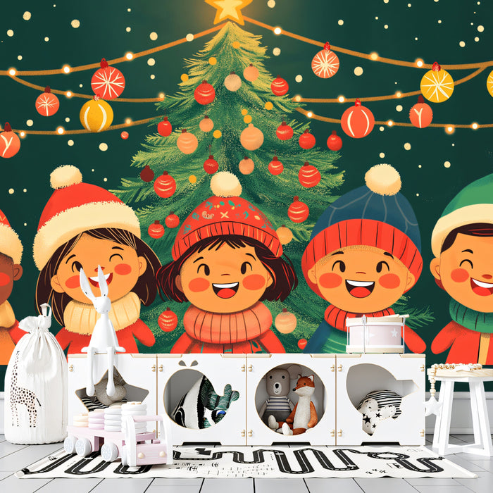 Christmas Carolers Mural Wallpaper | Red, Green, and Warm Brown