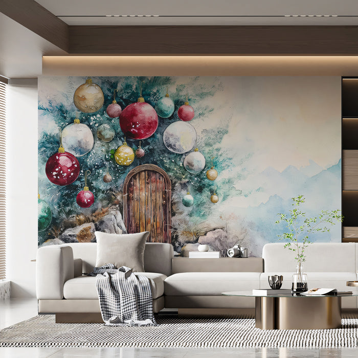 Carta da parati murale "L'albero di Natale di montagna" | Rosso, oro e blu