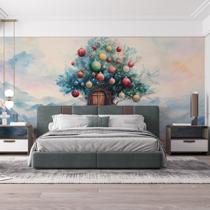 The Hilltop Christmas Tree Home Mural Wallpaper | Red, Blue, and Gold