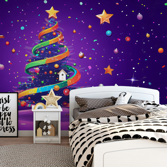 Rainbow Christmas Party Mural Wallpaper | Rainbow, Purple, and Blue