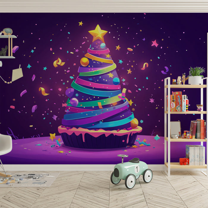 Christmas Cupcake Tree Mural Wallpaper | Purple, Blue, and Pink