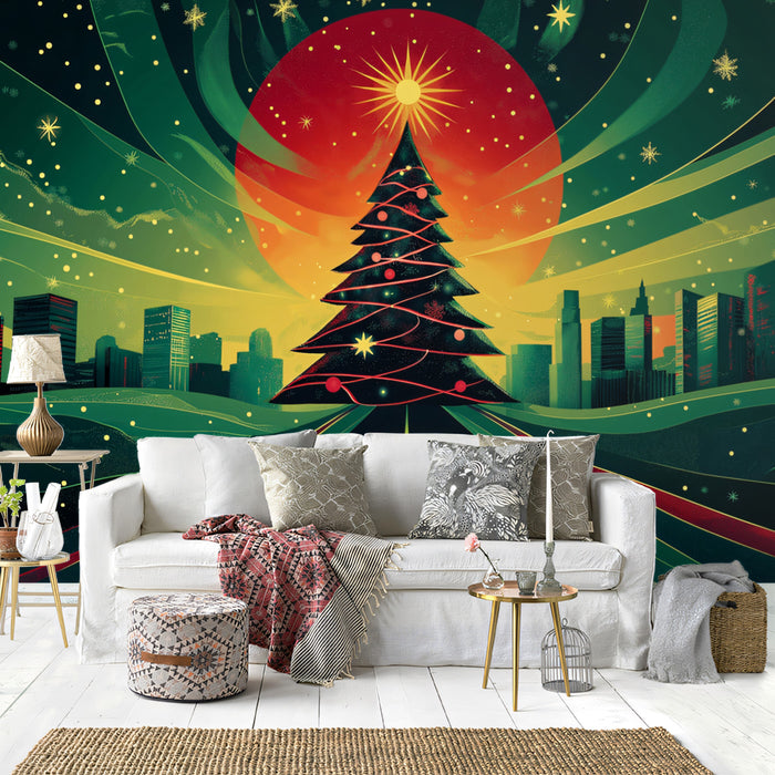 Christmas Road to the City Mural Wallpaper | Red, Green, and Gold