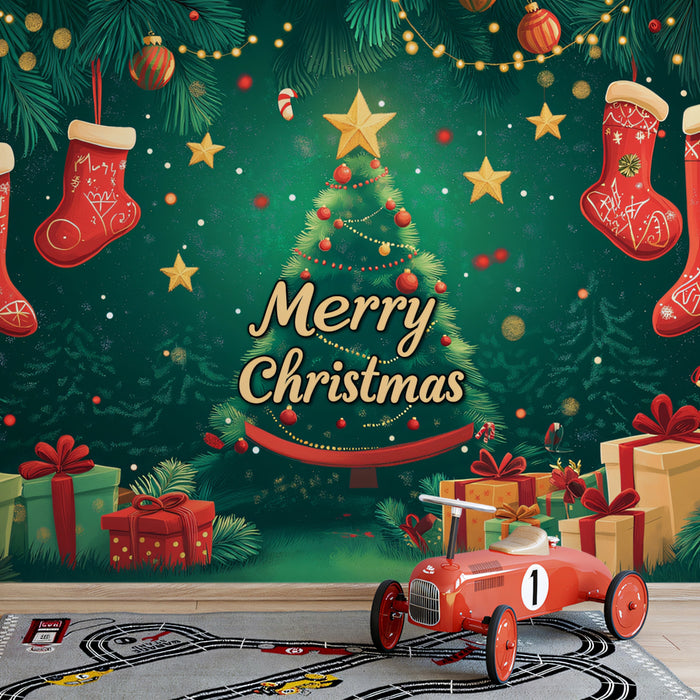 Classic Christmas Greeting Mural Wallpaper | Green, Red, and Gold