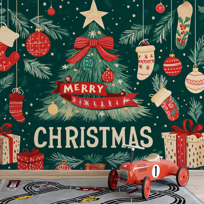 Papier peint mural pour carte de Noël d'art populaire | Vert, rouge et crème