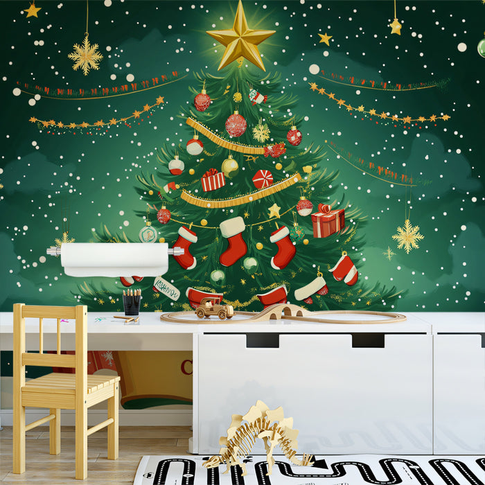 Fröhliches Banner Weihnachtsmuralfolie | Grün, Rot und Gold