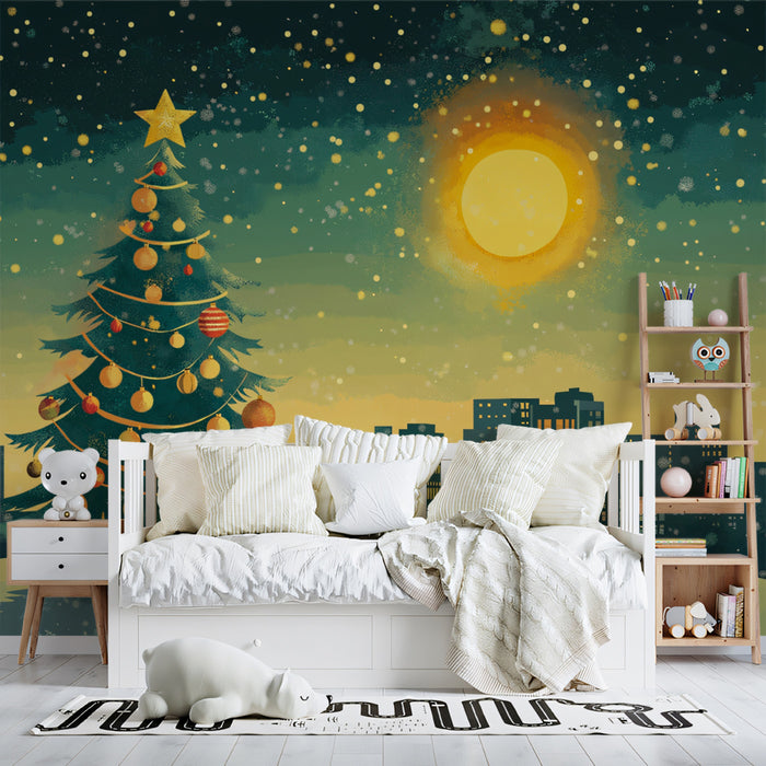 Papier peint mural Silent Night Over the City | Jaune, Turquoise et Orange