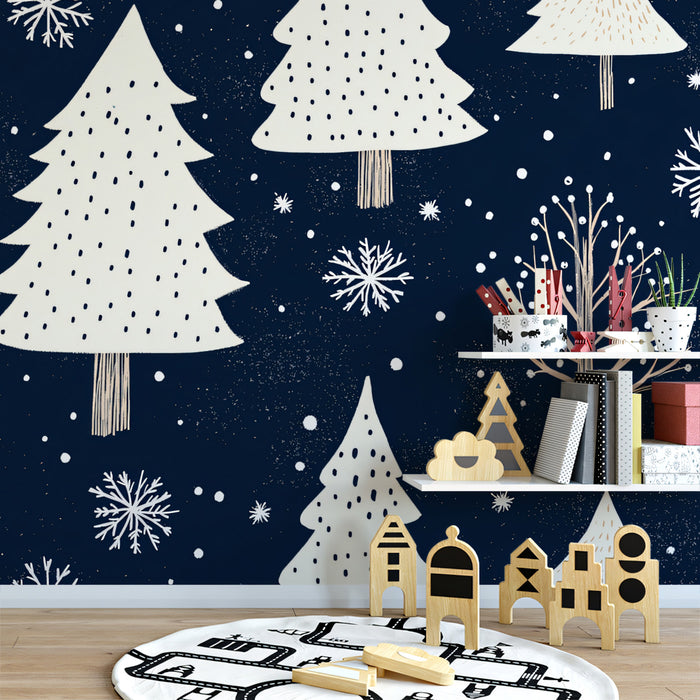 Carta da parati murale con motivo foresta nordica | Blu navy e bianco