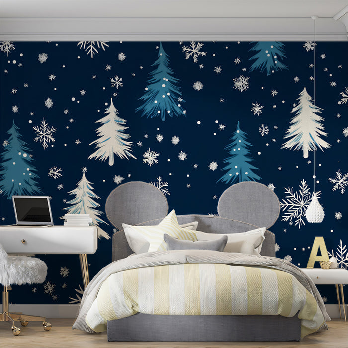 Winter Pines Pattern Mural Wallpaper | Blue and White