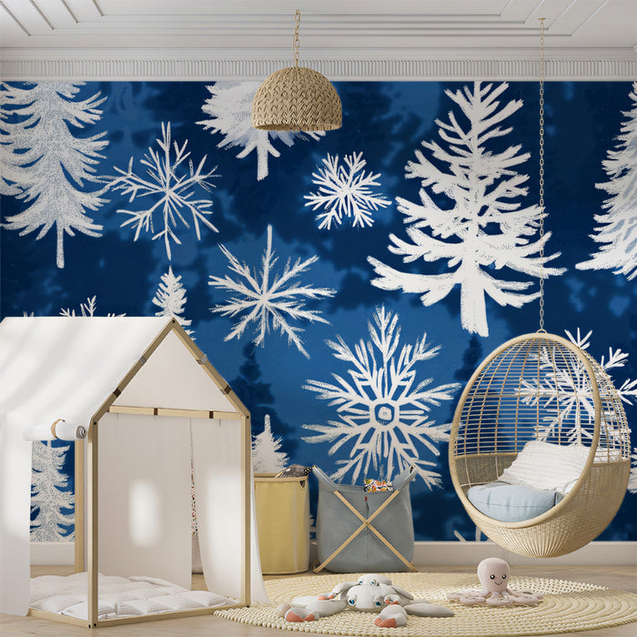 Papier peint mural avec motif de forêt hivernale | Bleu et blanc
