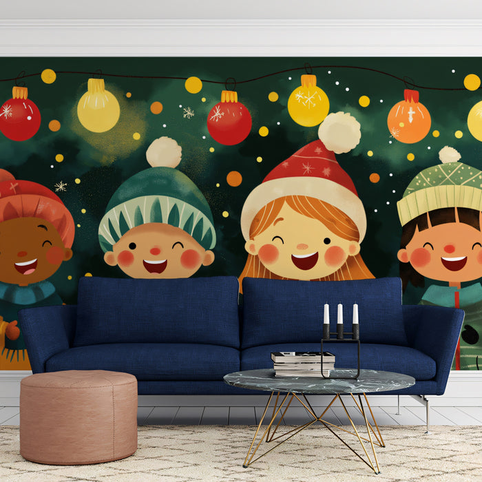 Carta da parati murale "Cantori di Natale" | Rosso, verde e giallo