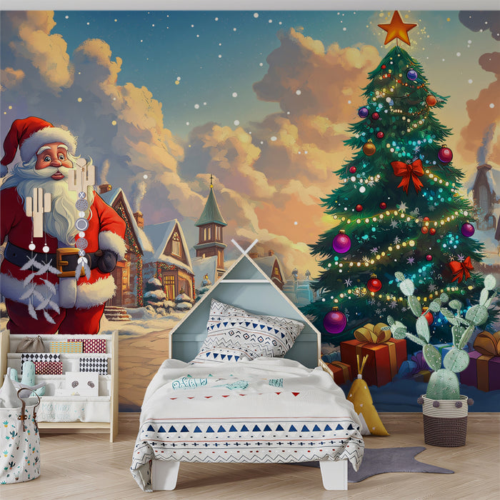 Santa's Village Arrival Mural Wallpaper | Red, Blue, and Gold