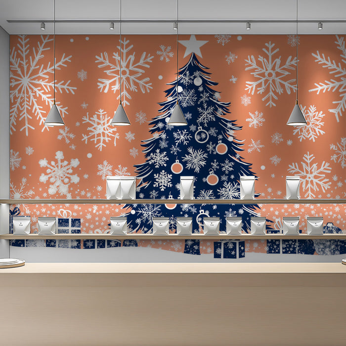 Modern Snowflake Mural Wallpaper | Orange and Navy