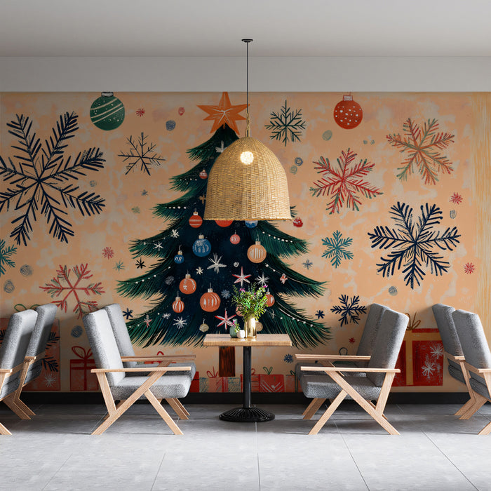 Carta da parati murale con illustrazioni natalizie delicate | Pesca, verde acqua e rosso