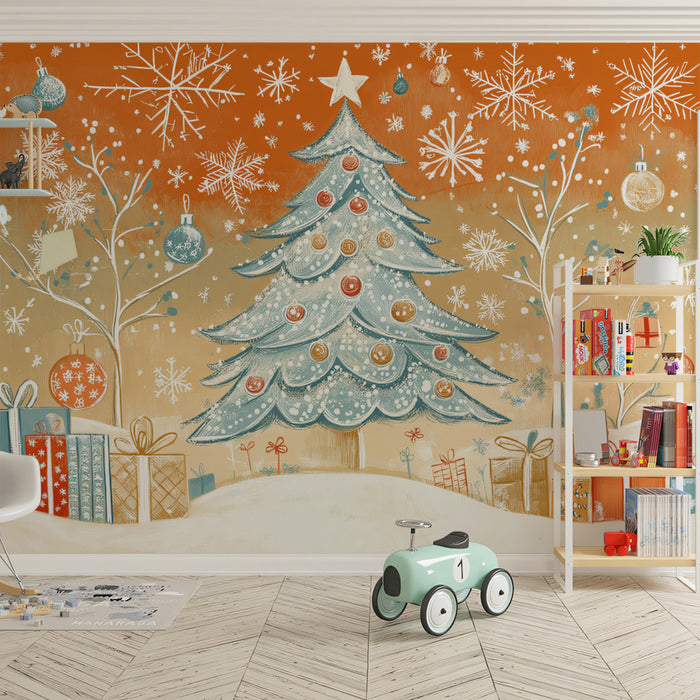Papier peint mural Rêve d'hiver rétro | Bleu pâle et orange