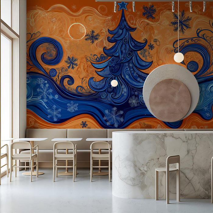 Art Nouveau Christmas Swirl Mural Wallpaper | Blue and Orange
