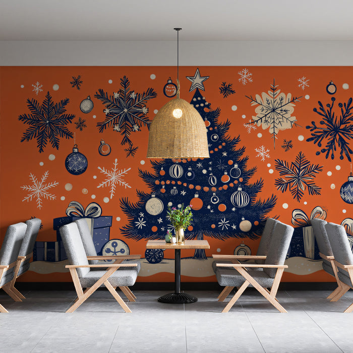 Linocut Christmas Mural Wallpaper | Orange and Navy