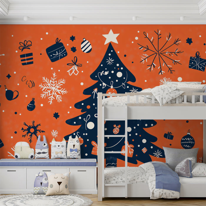 Papel pintado mural gráfico navideño moderno | Naranja y azul marino