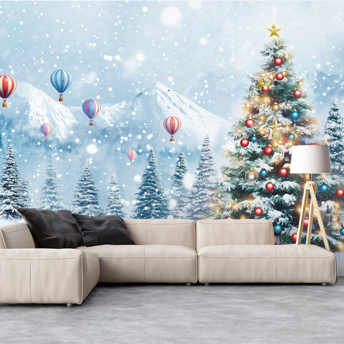 Holiday Balloons Over the Alps Mural Wallpaper | Red, Blue, and White