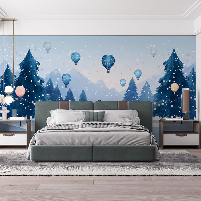 Winter Balloon Voyage Mural Wallpaper | Blue, White, and Lavender