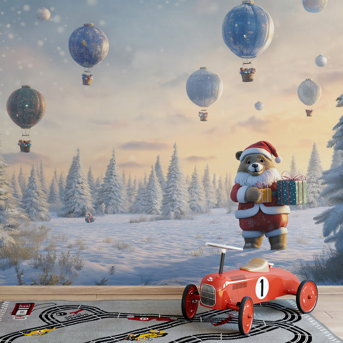 Bear in Santa outfit with red car and hot air balloons in a snowy landscape