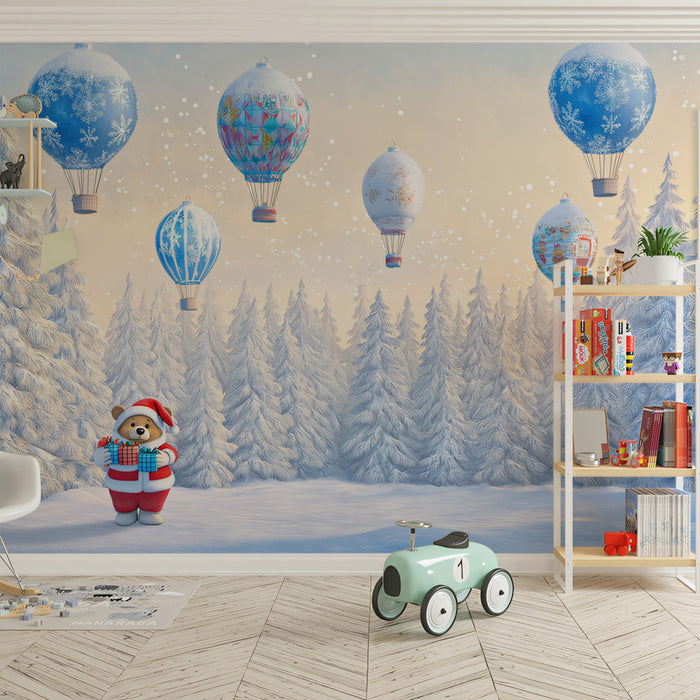 Holiday Bear's Balloon Festival Mural Wallpaper | Blue, White, and Red