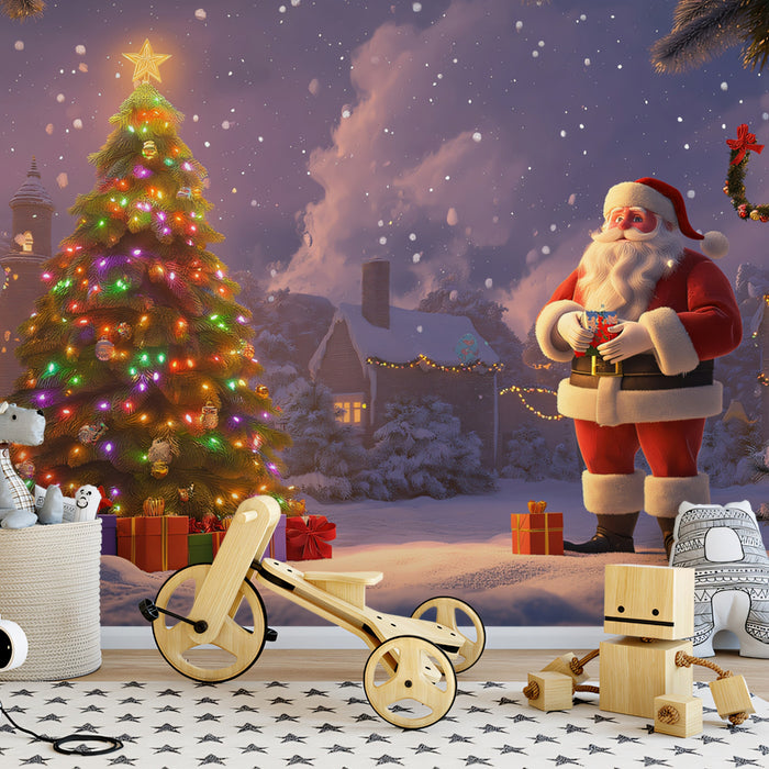 Christmas Eve in the Village Mural Wallpaper | Red, Green, and Purple
