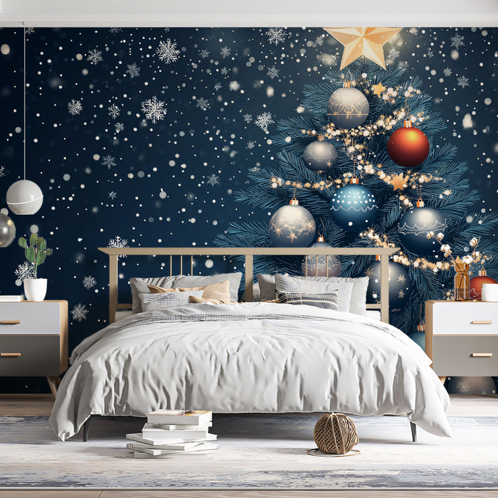 Winter Eve Ornaments Mural Wallpaper | Navy, Silver, and Red