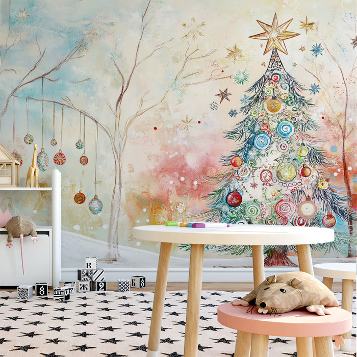 Whimsical Holiday Art Mural Wallpaper | Red, Blue, and Yellow