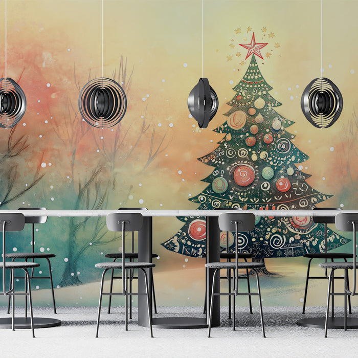 Dreamy Winter Watercolor Mural Wallpaper | Teal, Peach, and Red