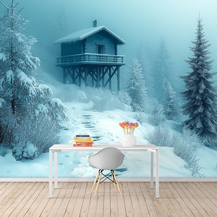 Papier peint mural d'une cabane enneigée dans la forêt | Bleu, Maison Blanche