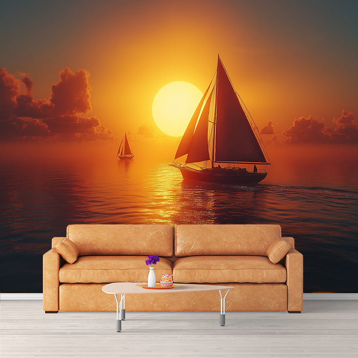 Papier peint mural de voilier au coucher du soleil | Orange, jaune, bleu et voiliers
