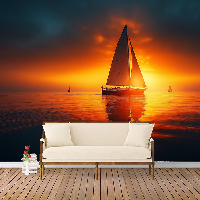Papier peint mural de voilier au coucher du soleil | Orange, jaune, bleu et voiliers