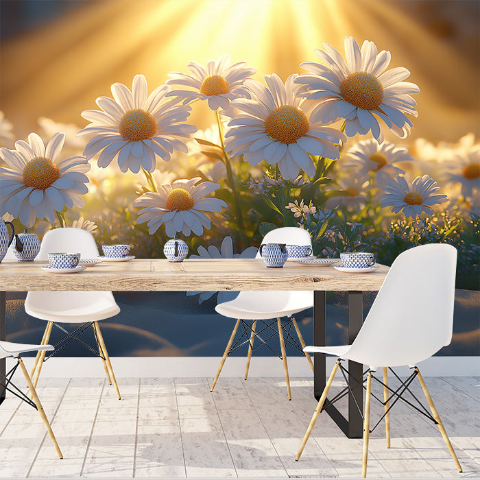 Sunlit Daisy Field Mural Wallpaper | White, Yellow, Green and Golden Flower