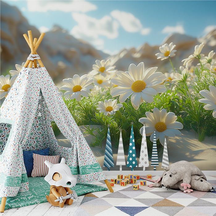 Daisy Flowers Mural Wallpaper | White and Yellow Flowers, Green Leaves, Blue Sky, White Sand