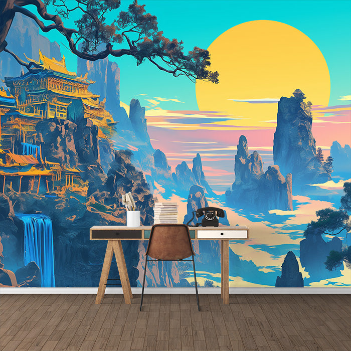 Paysage de crépuscule sur des montagnes anciennes - Fond d'écran mural | Bleu, jaune, orange et structures anciennes