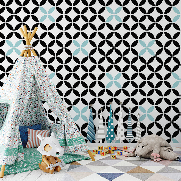 Geometric Black and White Pattern Mural Wallpaper for a contemporary Nursey | Black, White and Light Blue