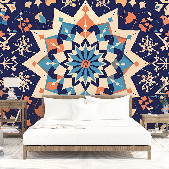 Papel tapiz mural con intrincado patrón de mandala | Azul, Naranja, Beige y Azul Oscuro